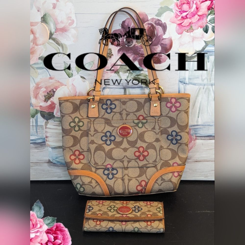2pc COACH Peyton Signature Floral Clover Bag & Matching Wallet Set
